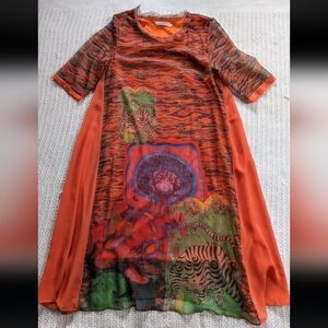 HERAMAY Women's Large Orange Tiger Stripe Layered Sheer Dress 3/4 Sleeve Art